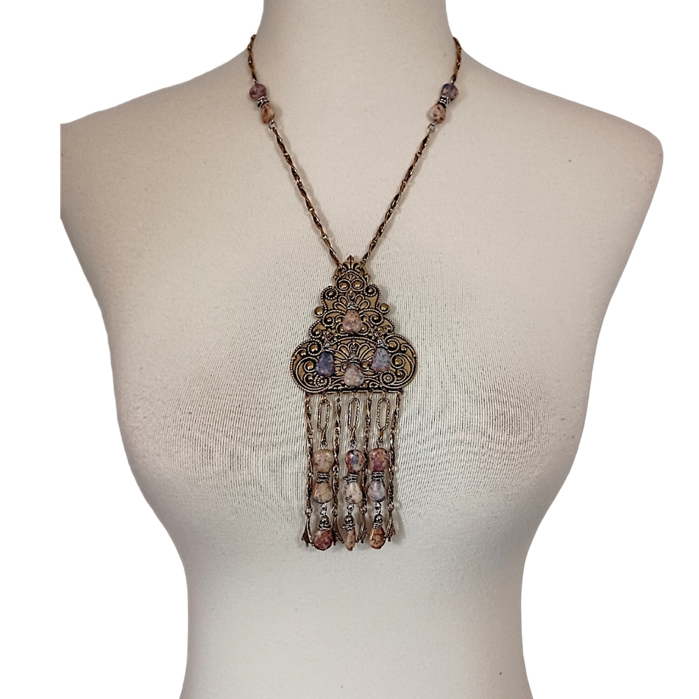 Vintage Victorian‎ Revival Necklace Etruscan Filigree Dangle Beaded Gold Tone